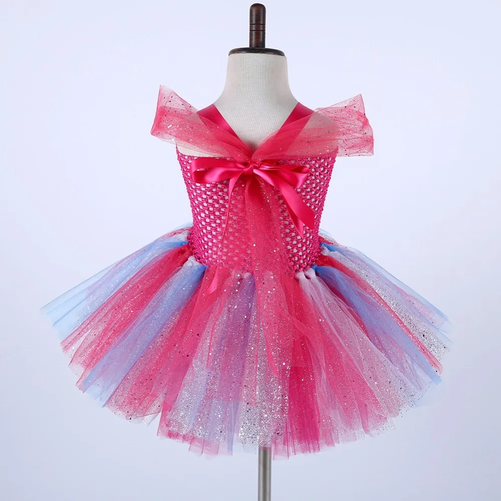 Fancy Girls Trolls Poppy Costume for Teen Poppy Troll Pattern Knee Length Dress Sparkle Halloween Christmas Tutu Dress Vestido (5)