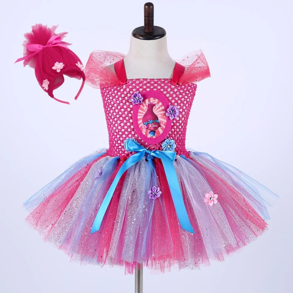 Fancy Girls Trolls Poppy Costume for Teen Poppy Troll Pattern Knee Length Dress Sparkle Halloween Christmas Tutu Dress Vestido (3)