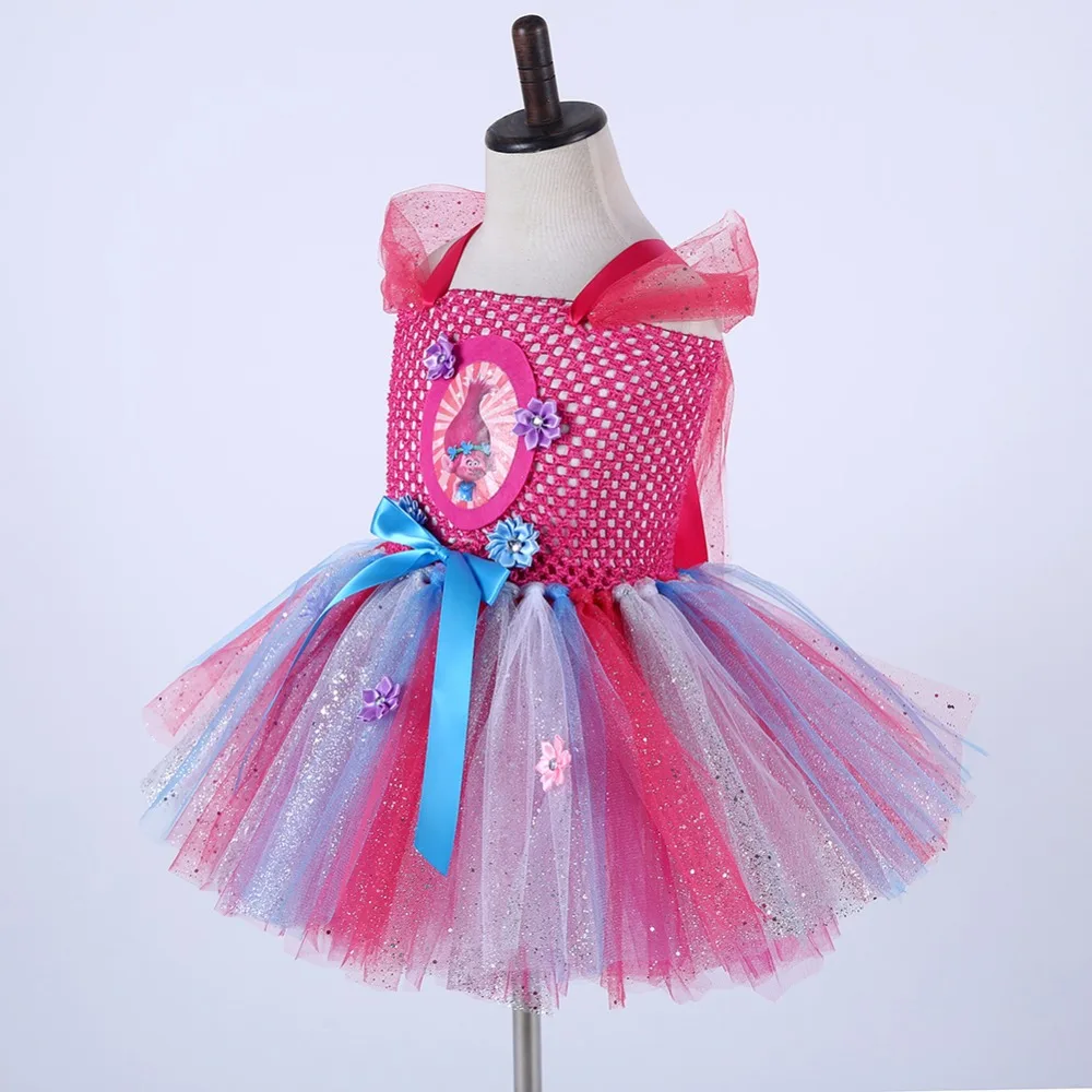 Fancy Girls Trolls Poppy Costume for Teen Poppy Troll Pattern Knee Length Dress Sparkle Halloween Christmas Tutu Dress Vestido (4)