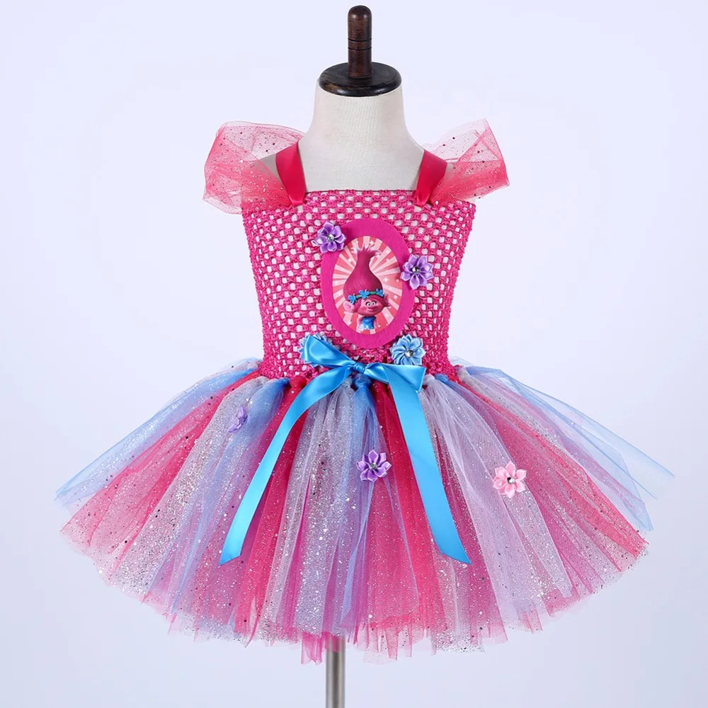 Fancy Girls Trolls Poppy Costume for Teen Poppy Troll Pattern Knee Length Dress Sparkle Halloween Christmas Tutu Dress Vestido (1)