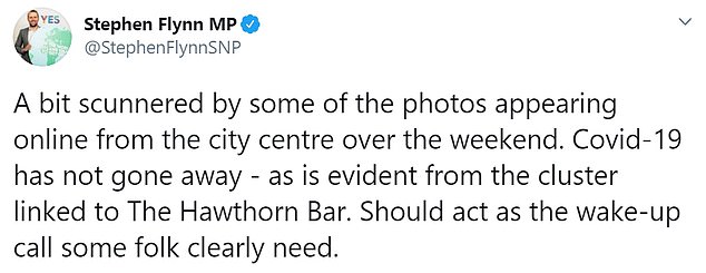 SNP MP Stephen Flynn today tweeted two photos he had spotted online of the city centre, where an outbreak took place in The Hawthorn Bar