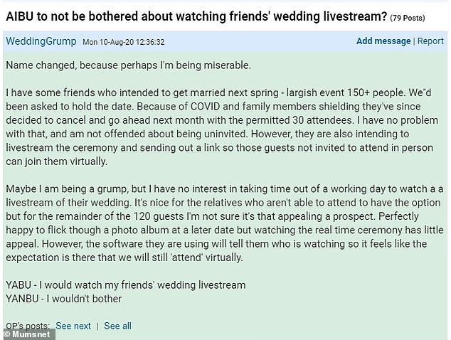 The woman explained that watching a live stream of a wedding doesn