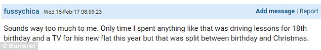 Advice: Others offered examples of how much they spent - and it was much less than £400. Some said that a bigger budget could be allowed for special occasions like an 18th birthday