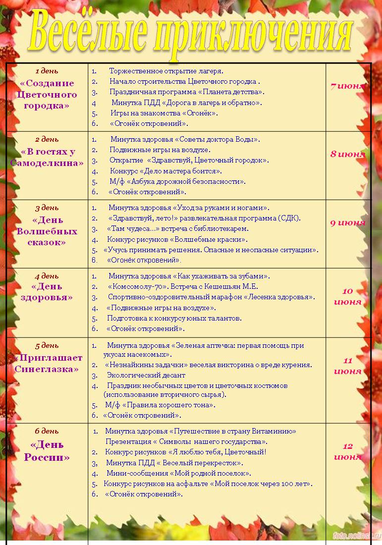 План мероприятий в летнем лагере дневного пребывания
