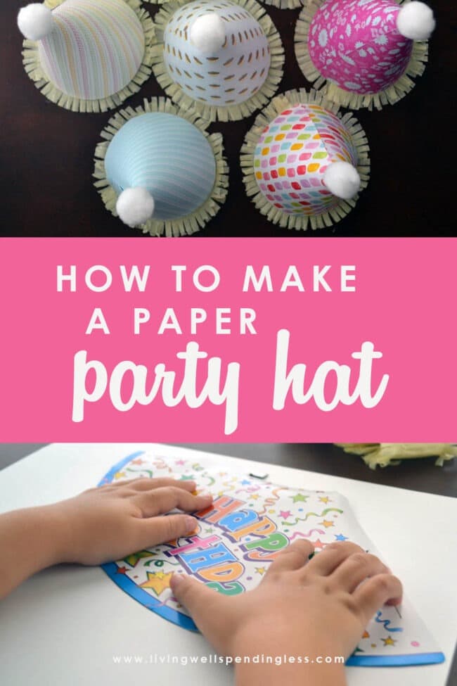 This post includes easy step-by-step instructions on how to make a DIY paper party hat out of scrapbook paper. Make your party extra special!